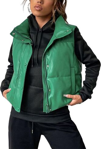 تانمينج سترة شتوية منتفخة من الجلد الصناعي للنساء خفيفة الوزن بسحاب وياقة واقفة in Kuwait