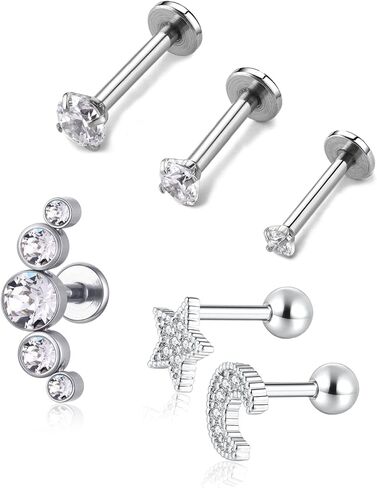 مجموعة أقراط الغضروف 16 جرام من CANDYFANCY للنساء، مجموعة أقراط حلزونية من الفولاذ المقاوم للصدأ بظهر مسطح إلى الأمام من Tragus Daith Rook Conch غضروف ثقب المجوهرات in Kuwait