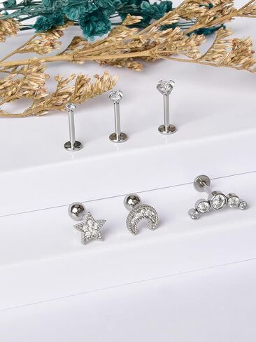 مجموعة أقراط الغضروف 16 جرام من CANDYFANCY للنساء، مجموعة أقراط حلزونية من الفولاذ المقاوم للصدأ بظهر مسطح إلى الأمام من Tragus Daith Rook Conch غضروف ثقب المجوهرات in Kuwait