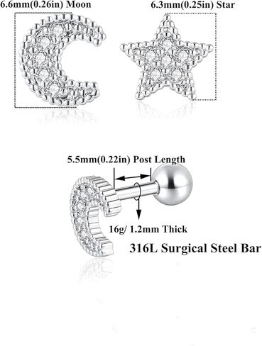 مجموعة أقراط الغضروف 16 جرام من CANDYFANCY للنساء، مجموعة أقراط حلزونية من الفولاذ المقاوم للصدأ بظهر مسطح إلى الأمام من Tragus Daith Rook Conch غضروف ثقب المجوهرات in Kuwait