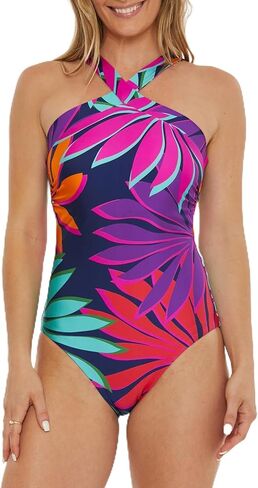 Trina Turk Women's Standard Wailea Reversible High Neck One Piece Swimsuit, Tropical Print, Bathing Suits in Saudi Arabia