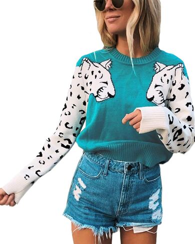 Mansy Women's Casual Long Sleeve Crew Neck Cute Animal Leopard Print Knitted Pullover Sweater Tops in Kuwait