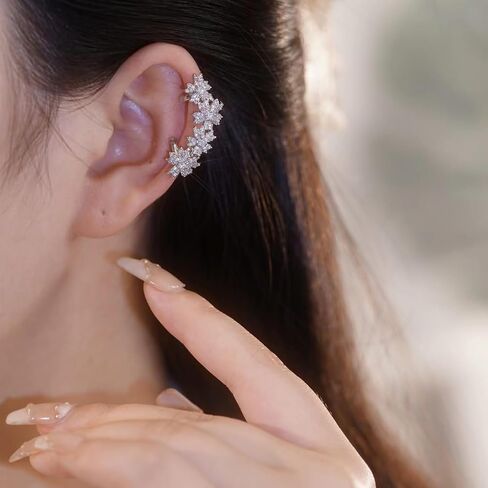 Elegant Floral Cluster Ear Cuffs Classic Rhinestone Flower Crawler Fake Earrings Sparkle Crystal Climbers Cuff Earrings Cartilage Ear Wrap Non Piercing Earrings for Wedding Bridal in Saudi Arabia