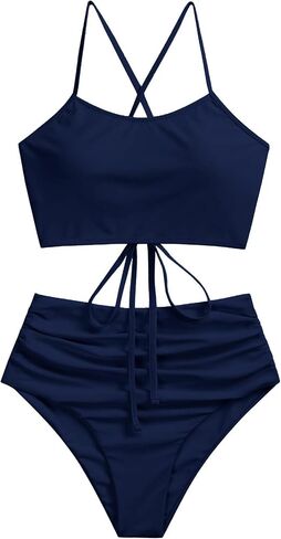 ZAFUL Women's Crisscross Ruched High Waisted Bottom Bikini Set Two Piece Swimsuit Tankini in Kuwait