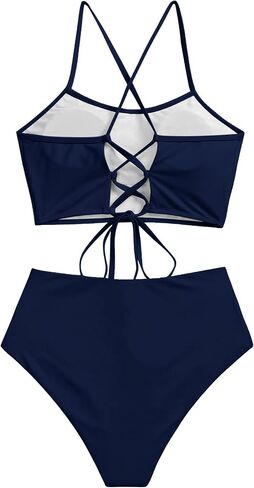 ZAFUL Women's Crisscross Ruched High Waisted Bottom Bikini Set Two Piece Swimsuit Tankini in Kuwait