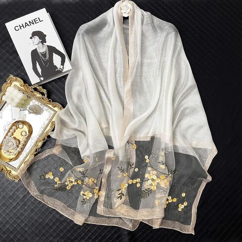 VENVSBEE شالات وأغطية الباشمينا النسائية لفستان السهرة وشاح حريري مطرز كبير شالات شفافة لتغطية الصيف والخريف in Kuwait