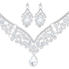 Coxiva Women's Crystal Necklace Silver Drop Pendant Eye Catching Necklaces and Earrings Set for Wedding Prom Birthday Ball Prom Party Club Anniversary, Metal, crystal in Kuwait