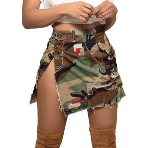 Alunzoem Camo Skirts for Women High Waist Short Cargo Pencil Slit Button Camouflage Mini Skirt with Pockets