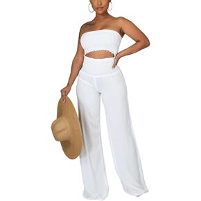JTNFairy 2 Piece Outfits Women Stretchy sleeveless Solid color Bodycon Casual Crop Tube Top and Flare Leg Pants Sets SkyBlue