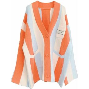 Anzber Women's Long Sleeved Wired Knit Color Matching Bohemian Striped Loose and Thick Sweater Cardigan