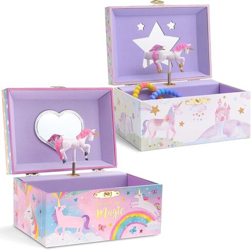 صندوق تخزين المجوهرات الموسيقية للفتيات من Jewelkeeper مع مجموعة تصميم يونيكورن جليتر وقوس قزح والنجوم الدوارة مع صندوق تخزين المجوهرات الموسيقية للفتيات مع تصميم وحيد القرن الدوار، تصميم يونيكورن كاندي القطن in Kuwait