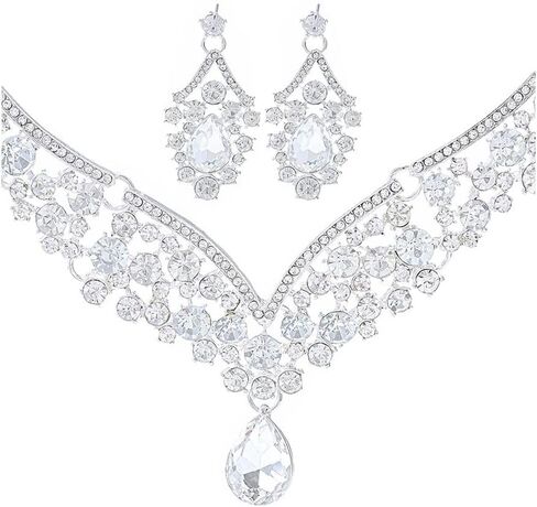 Coxiva Women's Crystal Necklace Silver Drop Pendant Eye Catching Necklaces and Earrings Set for Wedding Prom Birthday Ball Prom Party Club Anniversary, Metal, crystal in Kuwait