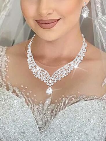 Coxiva Women's Crystal Necklace Silver Drop Pendant Eye Catching Necklaces and Earrings Set for Wedding Prom Birthday Ball Prom Party Club Anniversary, Metal, crystal in Kuwait