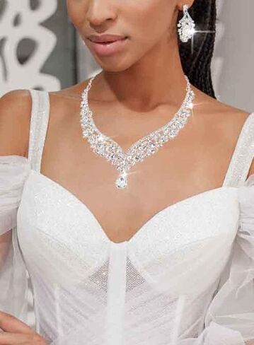 Coxiva Women's Crystal Necklace Silver Drop Pendant Eye Catching Necklaces and Earrings Set for Wedding Prom Birthday Ball Prom Party Club Anniversary, Metal, crystal in Kuwait