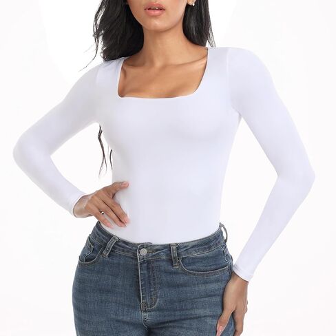JOJOANS Womens Long Sleeve Bodysuit Sexy Square Neck Double Lined Basic Tops in Saudi Arabia