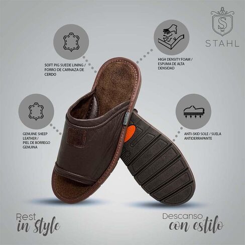 شبشب صنادل STAHL للرجال، منزلق جلدي، إسفنج عالي الكثافة، نعل مضاد للانزلاق، للاستخدام الداخلي والخارجي المعتدل. in Kuwait