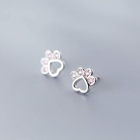 Pink CZ Puppy Paw Print Stud Earrings Sterling Silver S925 for Little Girls Cute Crystal Rhinestone Dog Cat Pet Kitten Paws Small Earring Ear Piercing Studs Hypoallergenic Jewelry in Saudi Arabia
