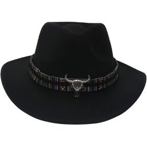 Women Men Faux Felt Western Cowboy Hat with Ox Head Belt Buckle Mexican Cowgirl Wool Hat Newsboy Top Cap Wide Brim Fedora in Kuwait