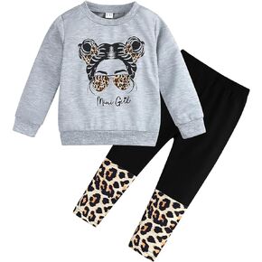 KIDLAGA Toddler Girl Clothes Figure Graphic Drop Shoulder Top Pullover Leopard Print Pants Fall Winter Outfit Set, Gery, 3-4 years in Kuwait