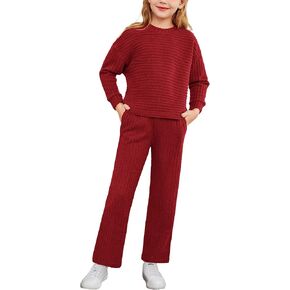 Arshiner Girl's 2 Piece Outfit Sweater Set Batwing Long Sleeve Ribbed Knit Top and Straight Leg Pants Sweatsuits with Pockets