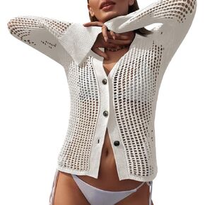 أغطية بكيني الشاطئ النسائية من Langwyqu بأزرار مجوفة وخفيفة الوزن وأكمام طويلة للصيف in Kuwait