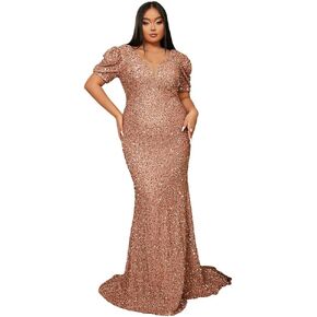 فستان Lin Lin Q نسائي رسمي مقاس كبير مزين بالترتر ورقبة على شكل حرف V للسهرة، فستان Bodycon بفيونكة كبيرة بطول الأرض على شكل حورية البحر in Kuwait