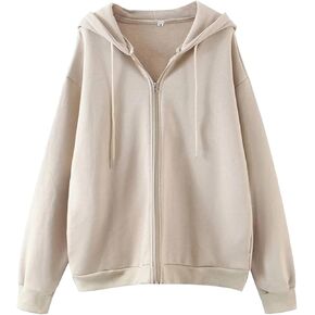 Meladyan Women Oversized Solid Zip Up Hoodie Drawstring Hooded Long Sleeve Fleece Vintage Sweatshirts Jackets Pockets 90s