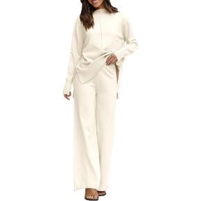Fazortev Women's 2 Piece Outfits Long Sleeve Tops and Wide Leg Pants Knit Sweater Lounge Set