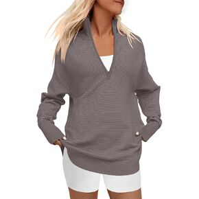 DEEP SELF Fall Women V Neck 1/4 Zip Pullover Stretch Sweater Long Sleeve Stand Collared Ribbed Knitted Solid Sweaters