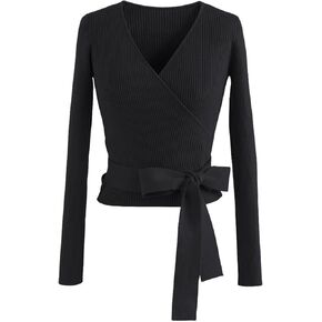 بلوزة نسائية من CHICWISH باللون الأسود/الأرجواني برقبة على شكل حرف V وخصر وعقدة ملفوفة in Saudi Arabia