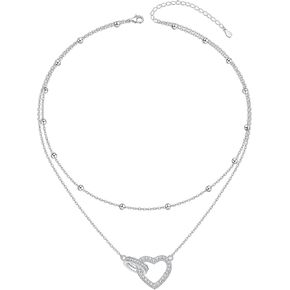 DAOSHANG Layered Necklaces for Women S925 Sterling Silver Chokers Necklace for Women Circle/Heart/Double Circle/Cross/Star/Evil Eye Necklace Handmade Bead Necklace Adjustable