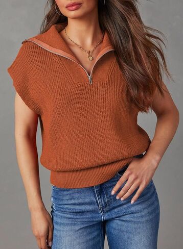Dokotoo Women's Casual Sleeveless Half Zip Pullover Sweaters Solid V Neck Collar Ribbed Knitted Loose Sweaters in Kuwait