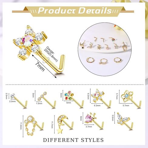 Drperfect 12PCS 20G حلقات الأنف الأزرار الفولاذ المقاوم للصدأ حلقات الأنف هوب للنساء الرجال معبد تشيكوسلوفاكيا فراشة زهرة الأنف الأنف ثقب المجوهرات L على شكل حلقة الأنف مسمار مجموعة in Kuwait