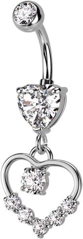 Pierced Owl 14GA 316L Stainless Steel CZ Crystal Hollow Heart Shaped Dangling Belly Button Ring in Saudi Arabia