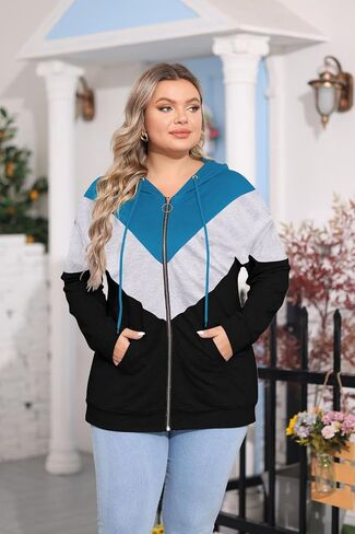YOXUA Women's Plus Size Casual Hoodies Sweatshirt,Long Sleeve Camouflage Patchwork Full Zipper Drawstring Top with Pocket in Saudi Arabia