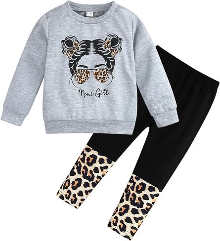 KIDLAGA Toddler Girl Clothes Figure Graphic Drop Shoulder Top Pullover Leopard Print Pants Fall Winter Outfit Set, Gery, 3-4 years in Kuwait