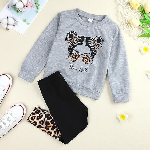 KIDLAGA Toddler Girl Clothes Figure Graphic Drop Shoulder Top Pullover Leopard Print Pants Fall Winter Outfit Set, Gery, 3-4 years in Kuwait