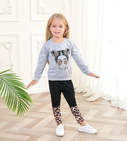 KIDLAGA Toddler Girl Clothes Figure Graphic Drop Shoulder Top Pullover Leopard Print Pants Fall Winter Outfit Set, Gery, 3-4 years in Kuwait