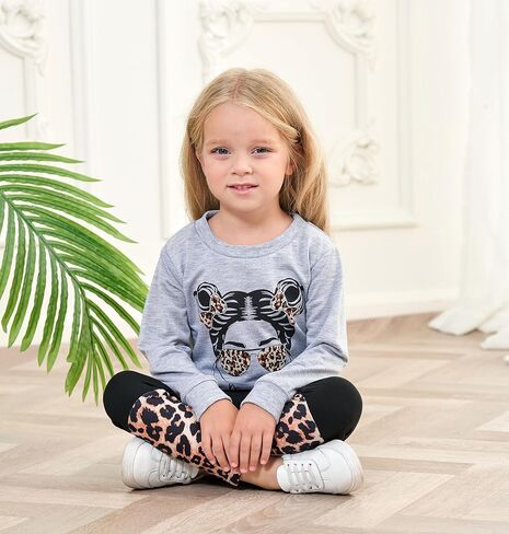 KIDLAGA Toddler Girl Clothes Figure Graphic Drop Shoulder Top Pullover Leopard Print Pants Fall Winter Outfit Set, Gery, 3-4 years in Kuwait