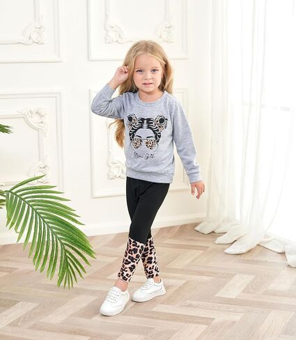 KIDLAGA Toddler Girl Clothes Figure Graphic Drop Shoulder Top Pullover Leopard Print Pants Fall Winter Outfit Set, Gery, 3-4 years in Kuwait