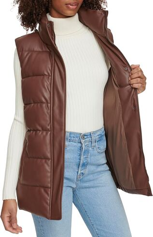Levi's Women's Vegan Leather Puffer Vest, Chocolate Brown with Belt in Saudi Arabia