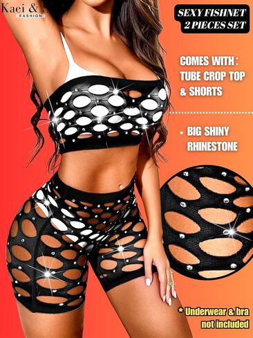 Kaei&Shi Glitter Rave Outfits, Rhinestone Mesh, Tube Top Set in Saudi Arabia