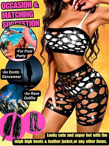 Kaei&Shi Glitter Rave Outfits, Rhinestone Mesh, Tube Top Set in Saudi Arabia