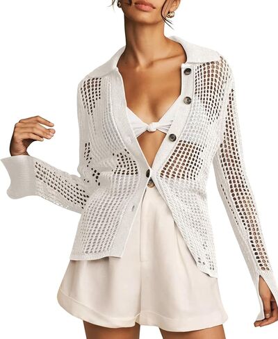 أغطية بكيني الشاطئ النسائية من Langwyqu بأزرار مجوفة وخفيفة الوزن وأكمام طويلة للصيف in Kuwait