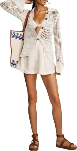 أغطية بكيني الشاطئ النسائية من Langwyqu بأزرار مجوفة وخفيفة الوزن وأكمام طويلة للصيف in Kuwait