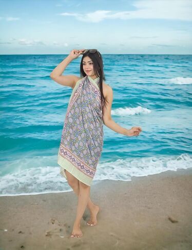 100% Cotton Swimsuit Cover-Up, Indian Hand Block Printed Sarong Wraps Bikini Cover-Up for Women in Saudi Arabia
