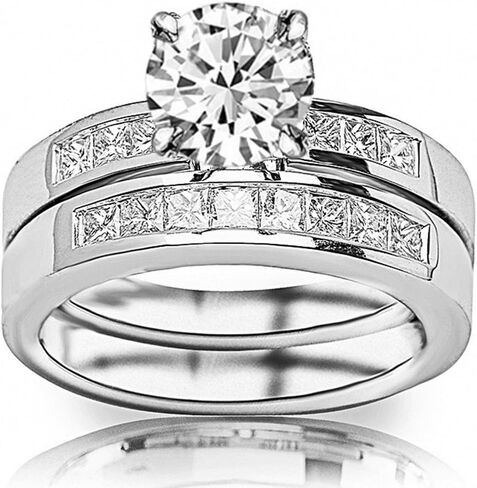 3 Carat Classic Lab Grown Synthetic Round Channel Princess Wedding Bridal Set IGI Certified Diamond Engagement Ring (2 Ct, H-I Color, VS1-VS2 Clarity Center) in Saudi Arabia