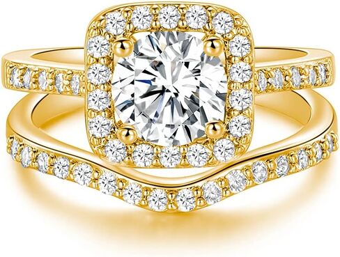 XBRN Two / Three-in-One Wedding Engagement Rings,18K Gold Plated Halo Eternity Bridal Band Rings Set, brass, cubic zirconia, in Kuwait