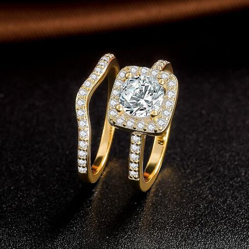 XBRN Two / Three-in-One Wedding Engagement Rings,18K Gold Plated Halo Eternity Bridal Band Rings Set, brass, cubic zirconia, in Kuwait