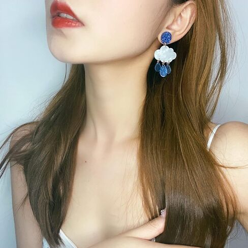 TIANBANGSHI اليدوية لطيف الأبيض الغيوم قطرات الماء استرخى انخفاض الأقراط خفيفة الوزن الإبداعية الاكريليك الطقس قطرات المطر أقراط للنساء الفتيات الصيف بيان هدايا المجوهرات in Saudi Arabia
